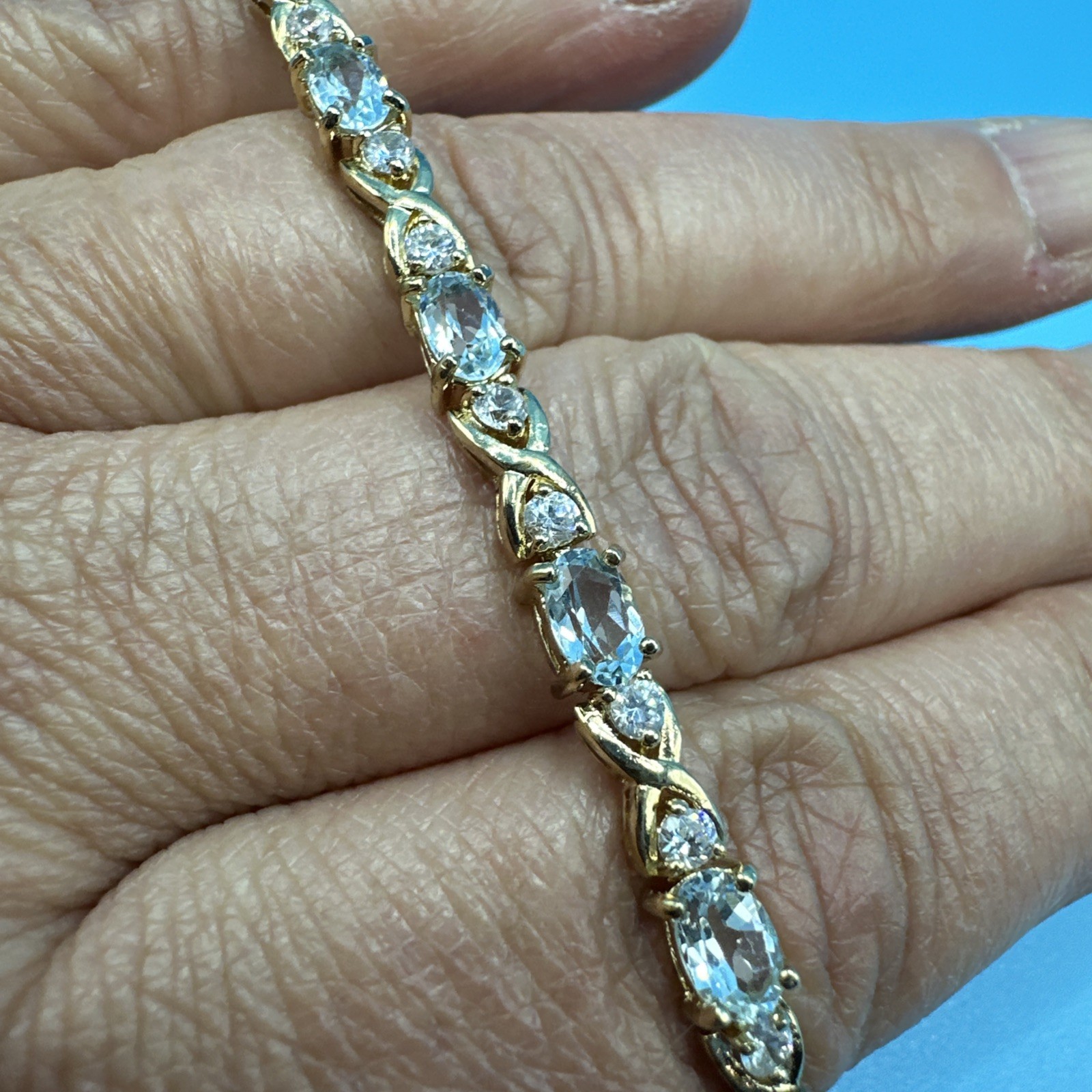 Vintage Suzanne Somers Aqua Blue & White/Colorless CZ 925 Gold Bracelet 7in