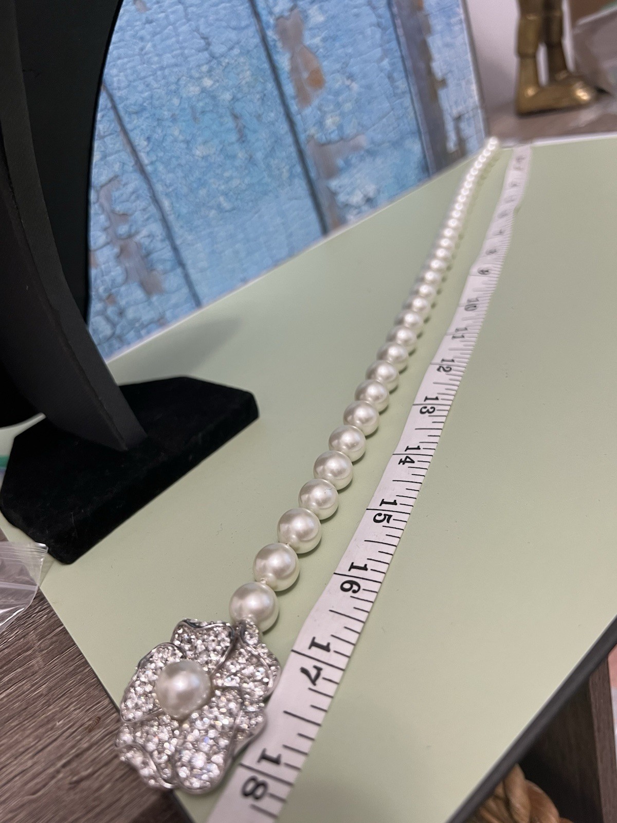 Vintage Signed KJL Large Pearl Necklace Choker With Rhinestone Flower Rose Clasp