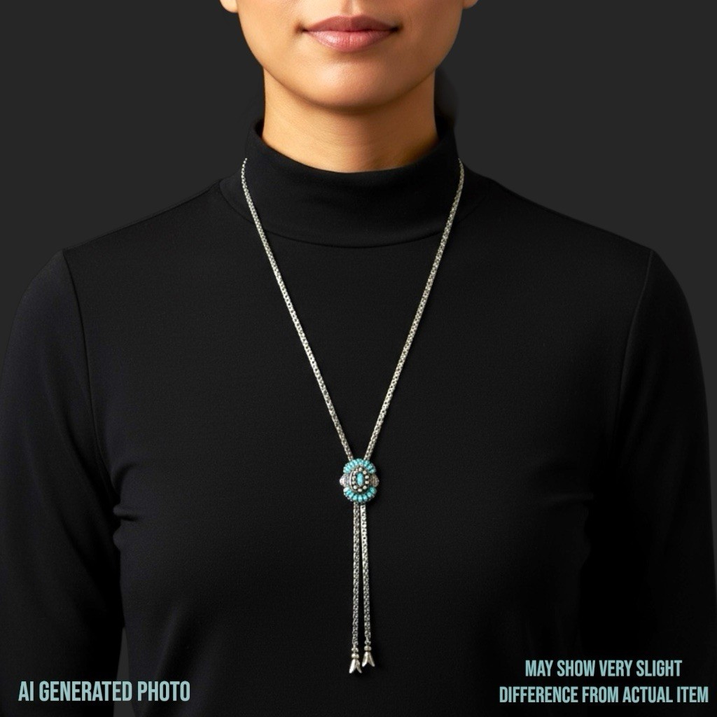 VTG Signed GOLDETTE Bolo Lariat Necklace 30” Silvertone Turquoise Southwestern