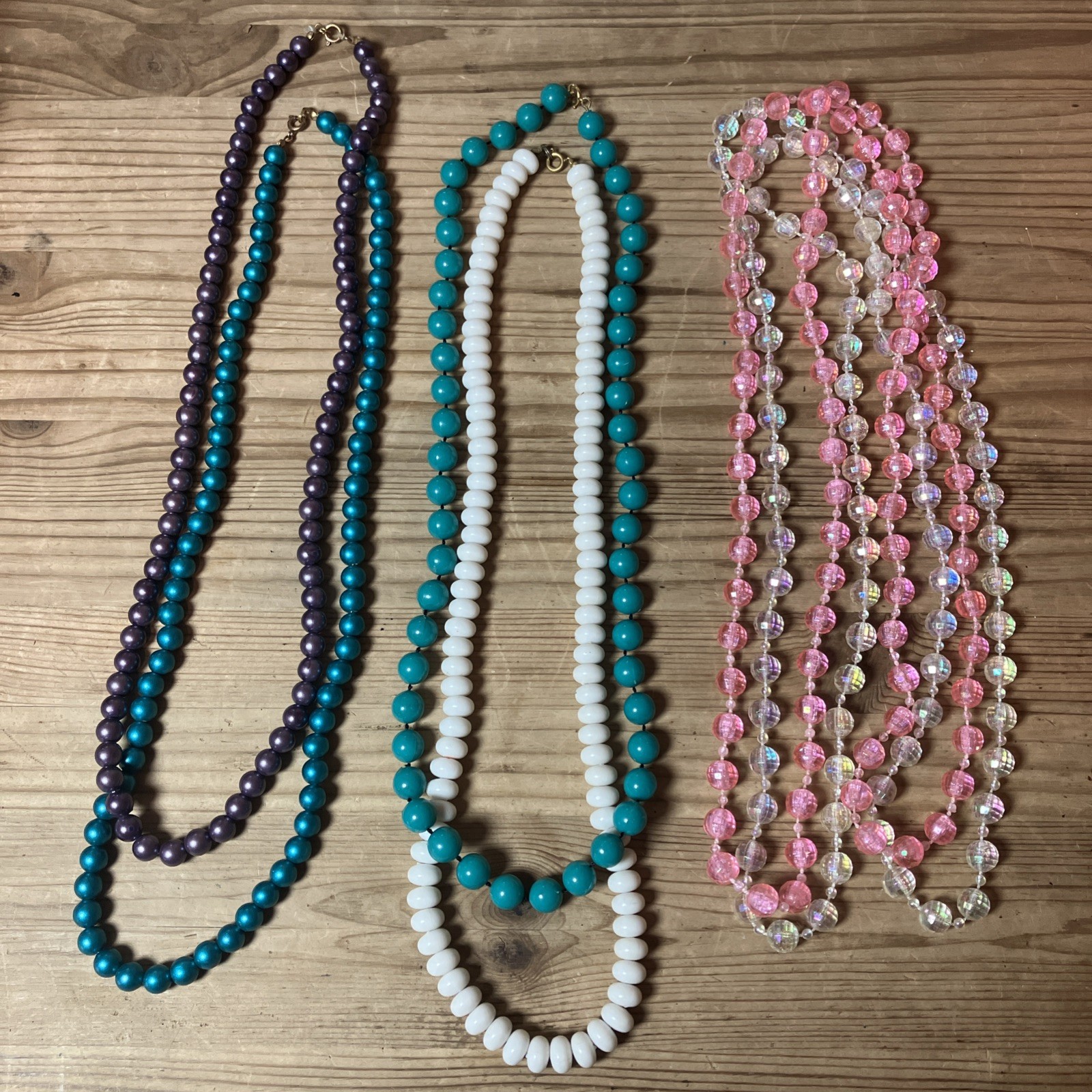 Vintage Costume Beads Lot Of 6 Strands Teal Purple Pink White Dress Up Plastic