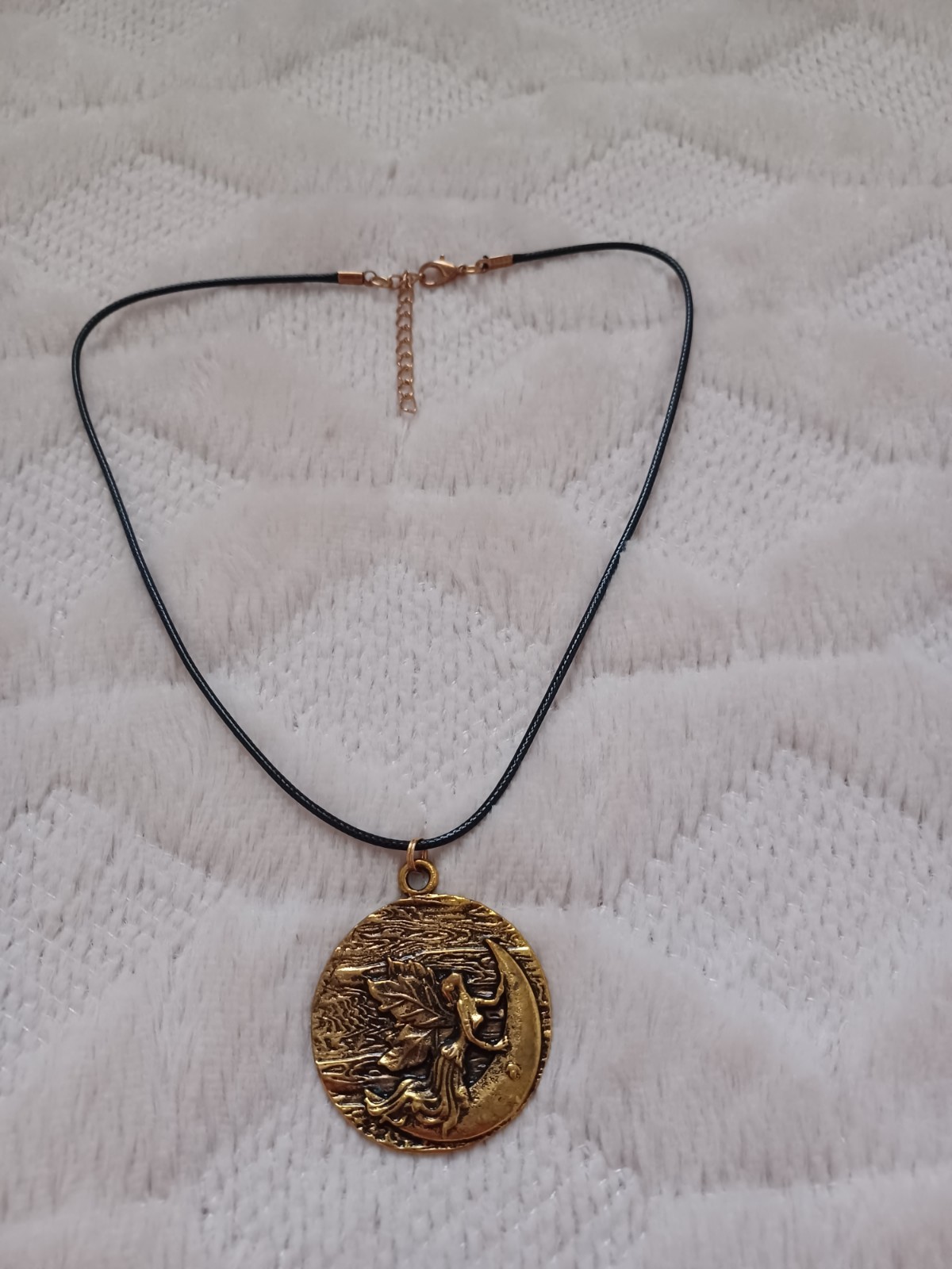 Vintage Gold Tone Moon Fairy Large Pendant On Cord Necklace 90s Y2k 2000s Style