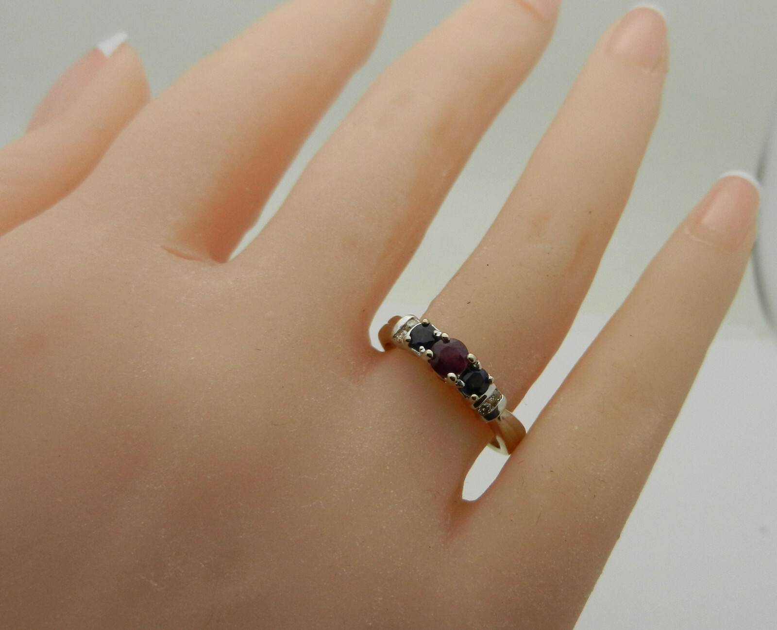 3-Stone Ruby, Sapphire Ring Band with Diamond Accents, Solid 14k Gold, size 6.25