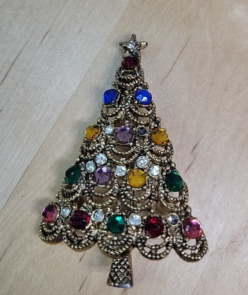 VTG Christmas Tree Pin Brooch 1-Missing Stone 2″x1.5″