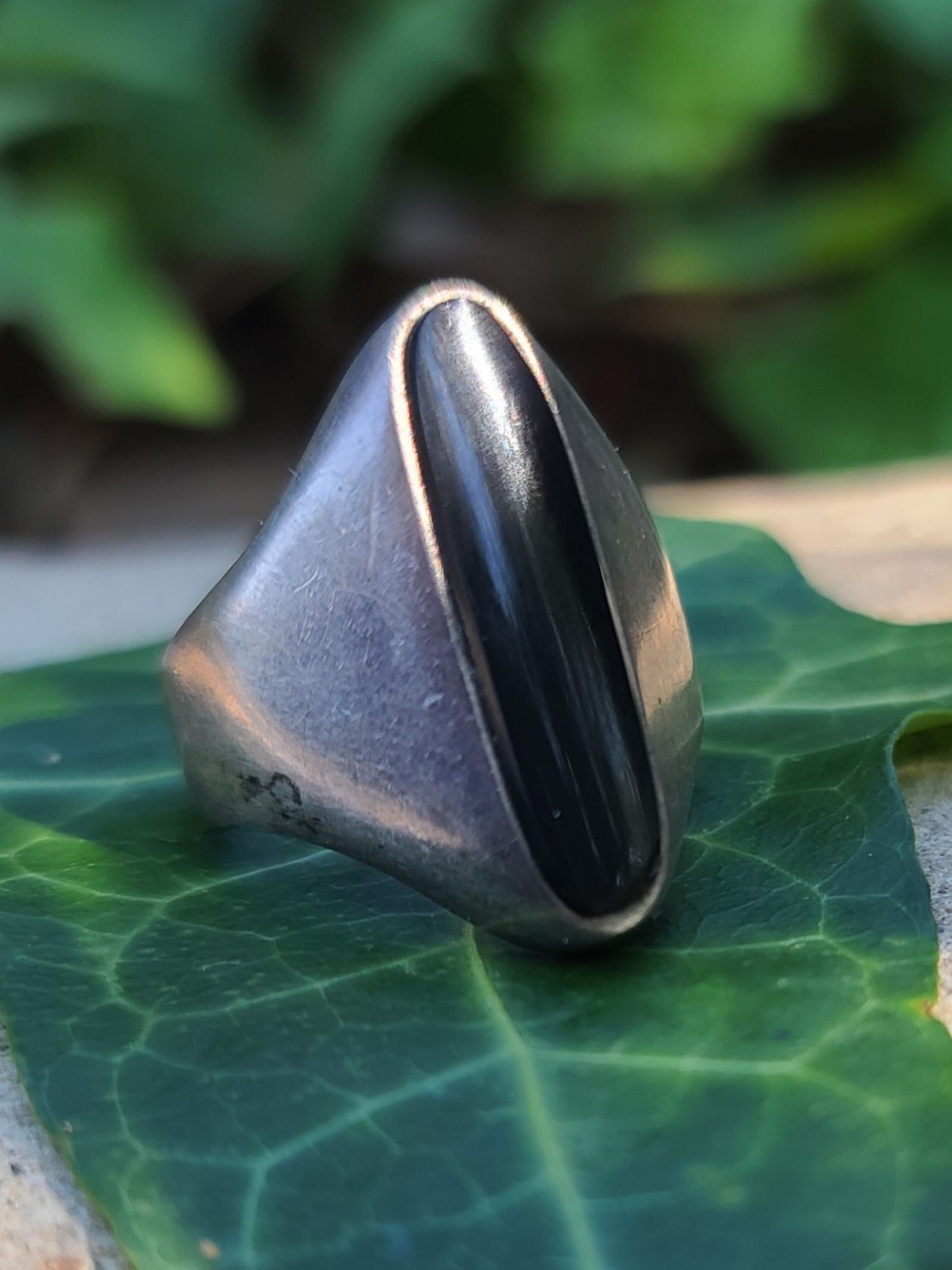 Vtg Sterling 925 Solid Silver Black Onyx Modernist Taxco MEX Ring 8.25sz Signed