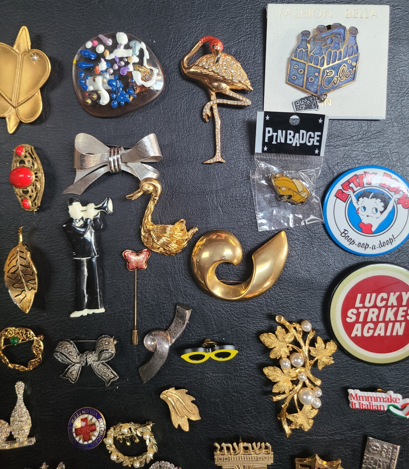 Vintage Costume Jewelry Pin Badge Lot Betty Boop Lucky Strike Flamingo Rhineston