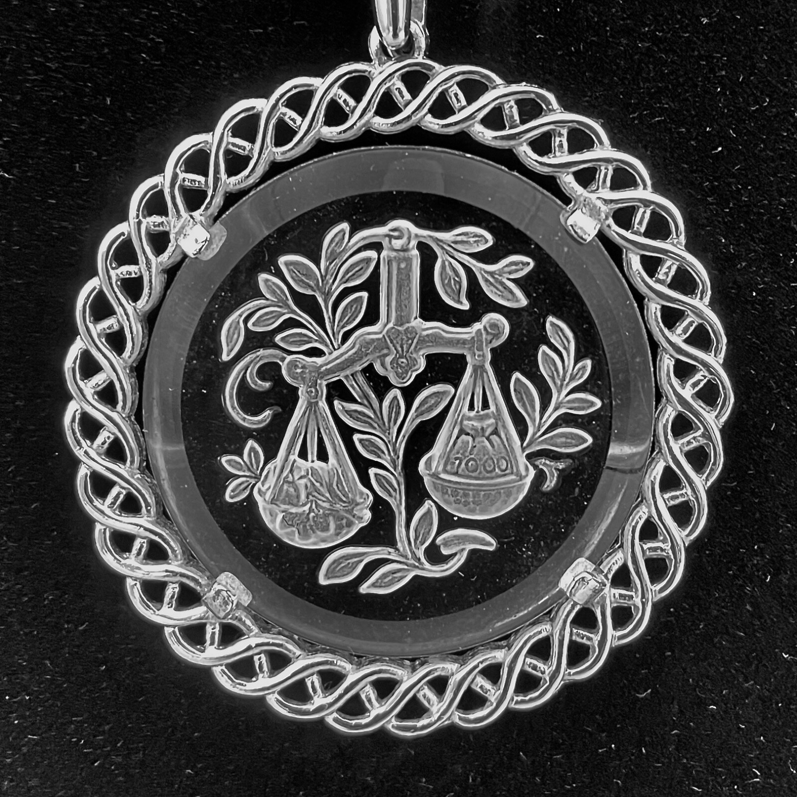 Crown Trifari Pendant Necklace Scales of Justice Reverse Etching Glass 22 Inches