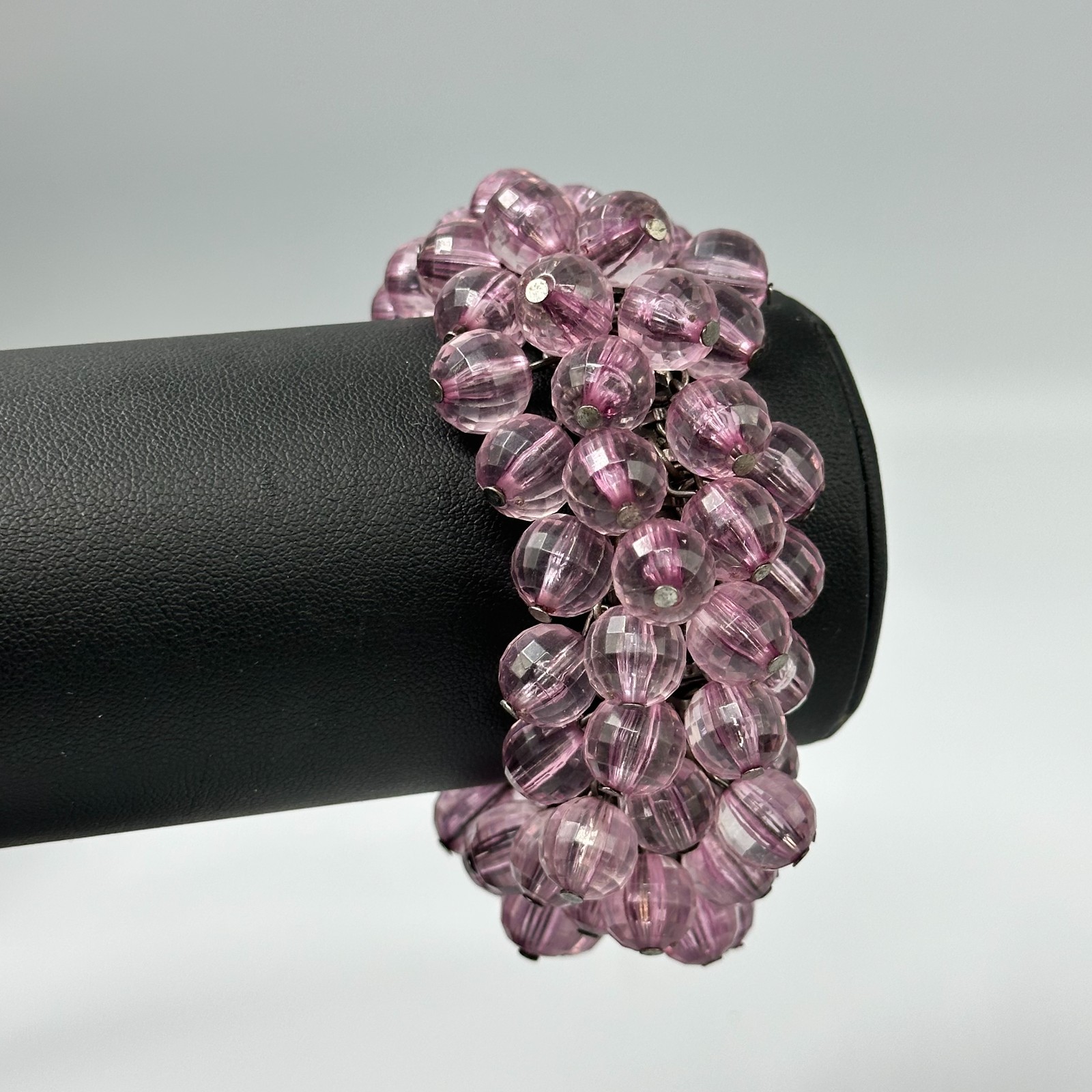 Vintage Cha Cha Expansion Bracelet Purple Faceted Round Beads Silver Tone