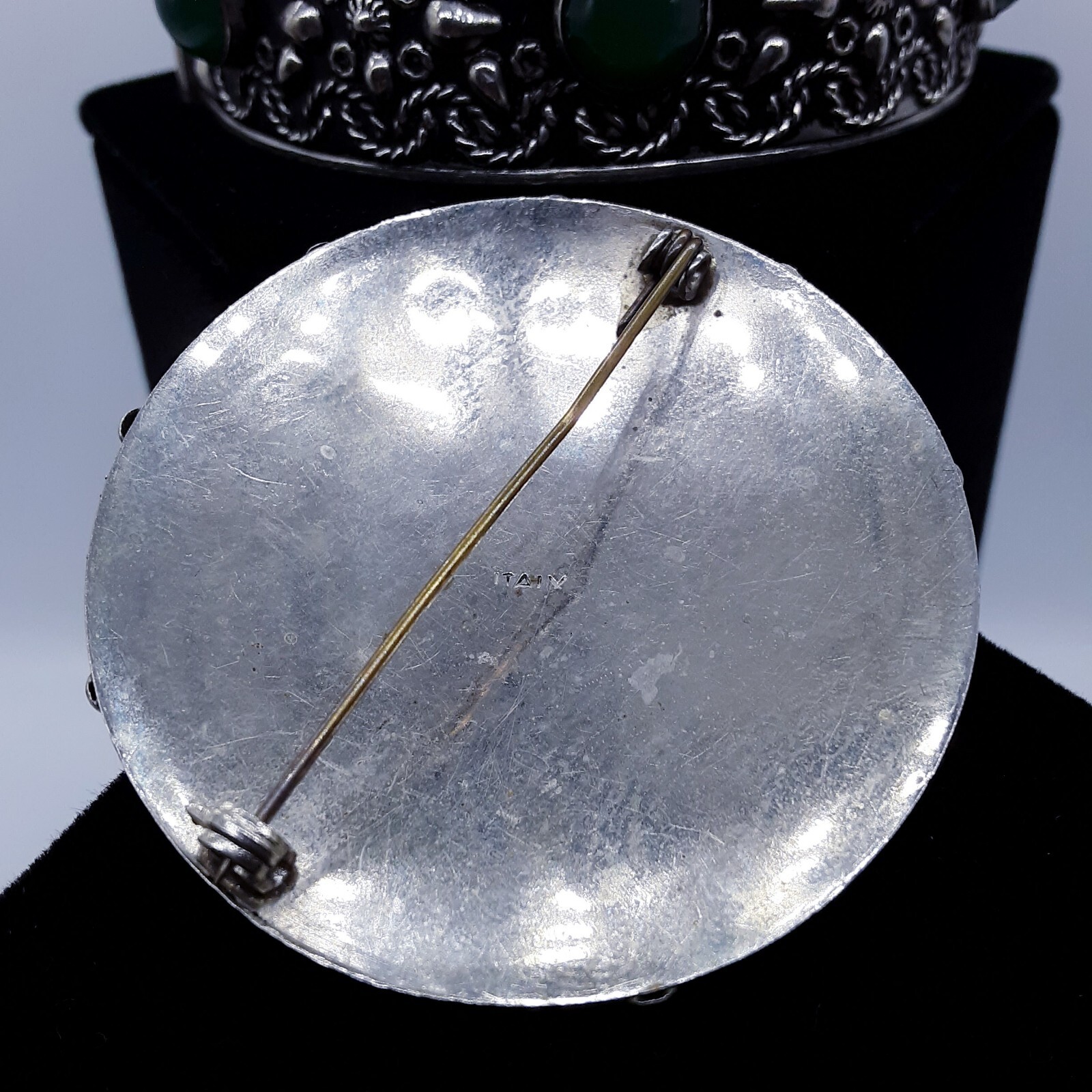 Vintage Set ornate Silver Clasp Bracelet w/ Safety Chain & brooch Italy