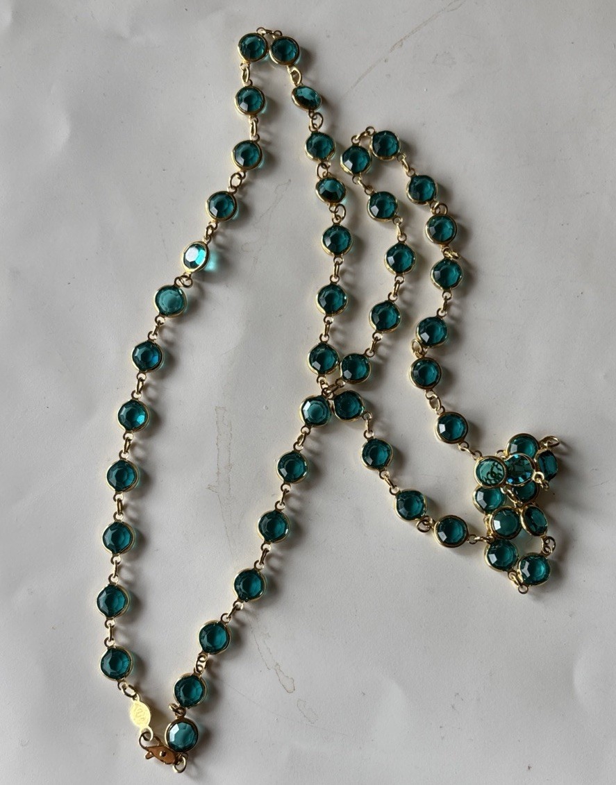 Austrian Crystals Necklace Aqua Blue Round Faceted Bezel Set Gold Tone 34 in USA