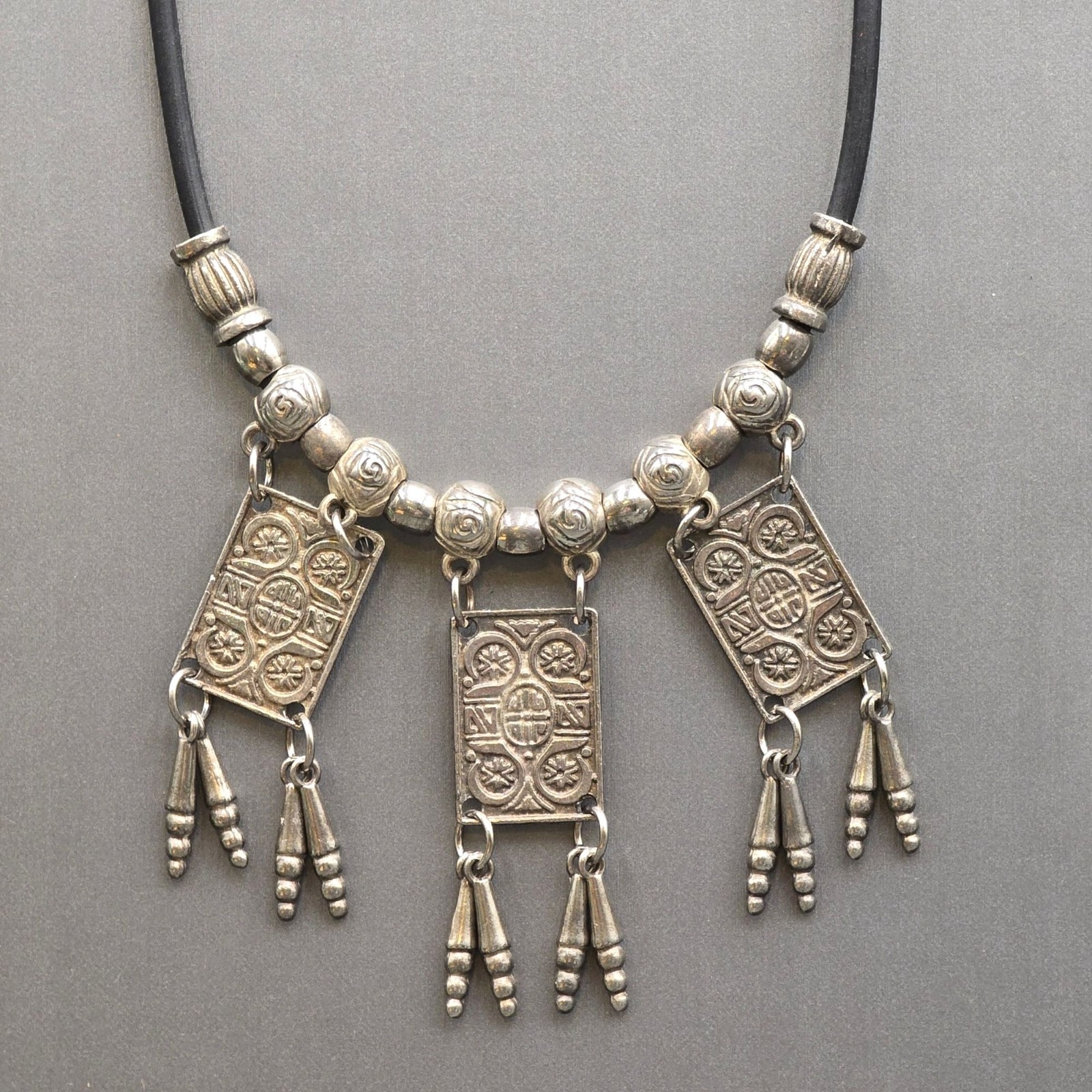 Vintage Tribal Panel Fringe Necklace Silver Tone Leather Cord Boho Statement