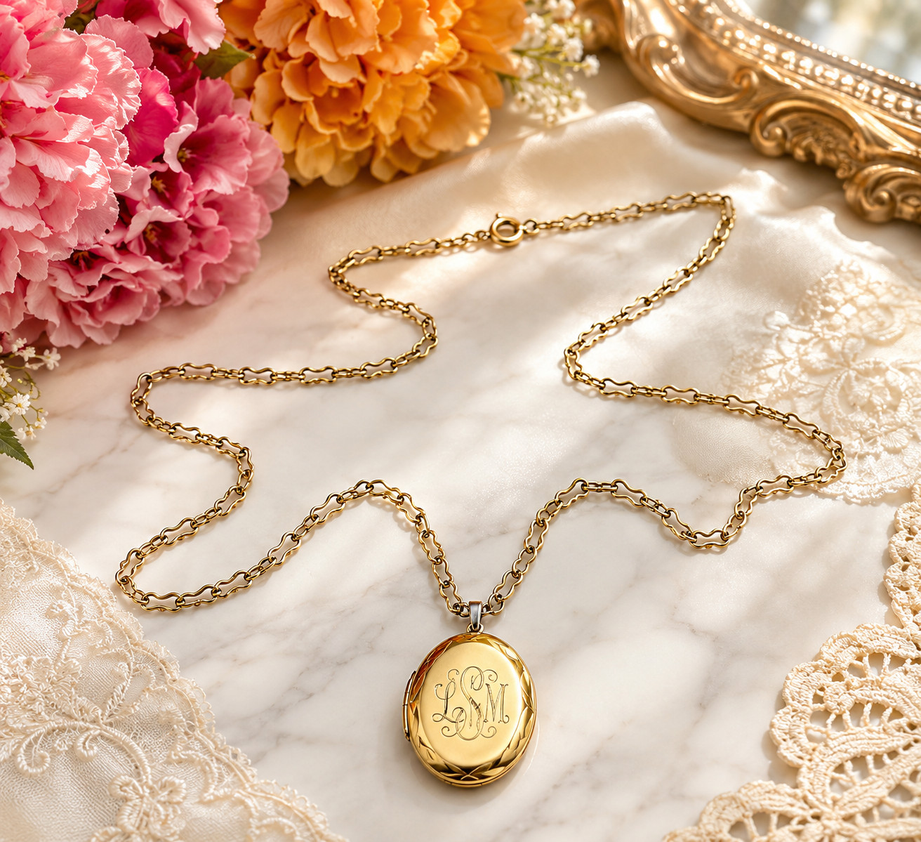 Vintage Gold Tone LSM Oval Photo Locket Necklace 24 In Wavy Link Chain