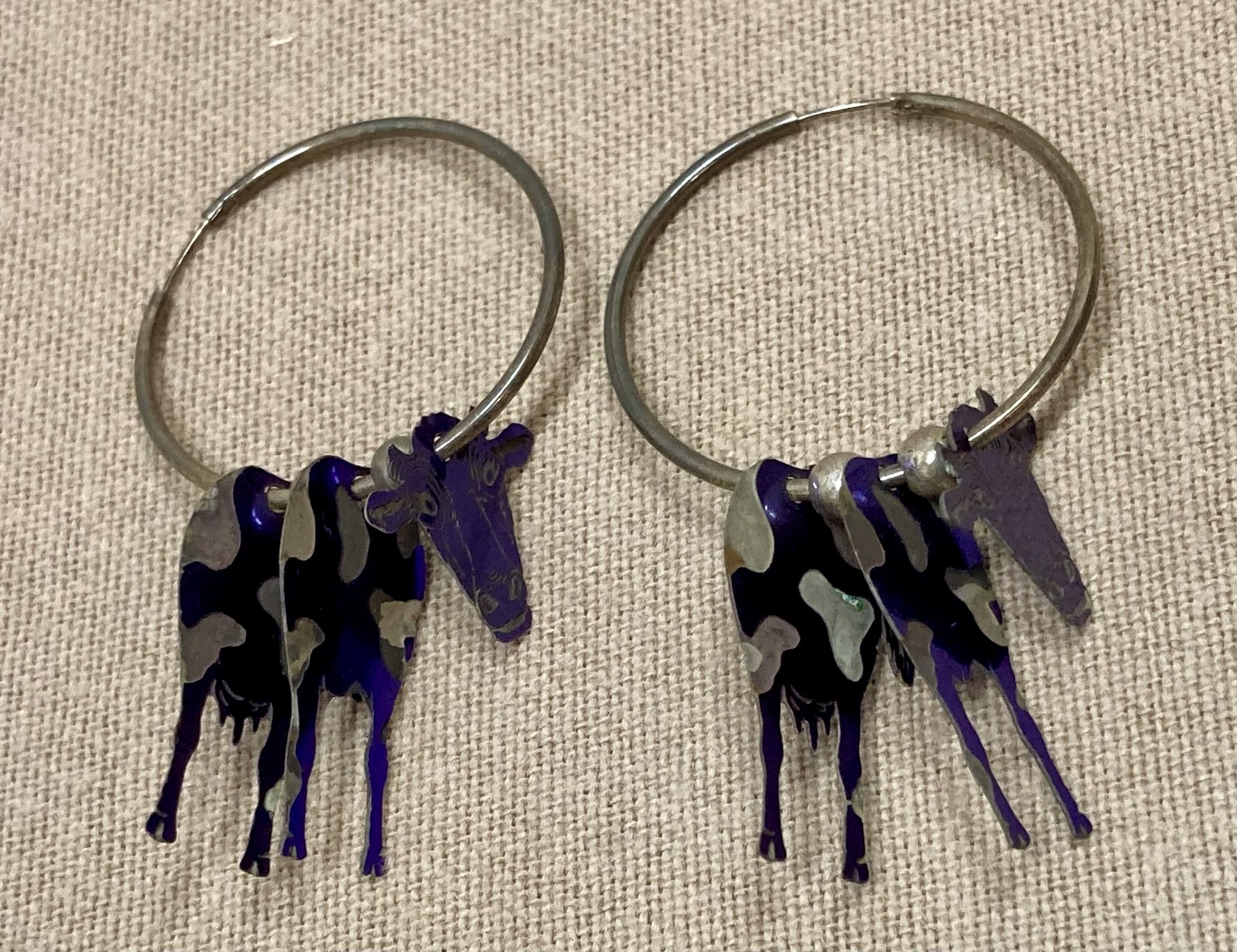 Vtg Sterling Silver 925 Blue Cow Hoop Pierced Earrings Animal Charm Dangle Drop