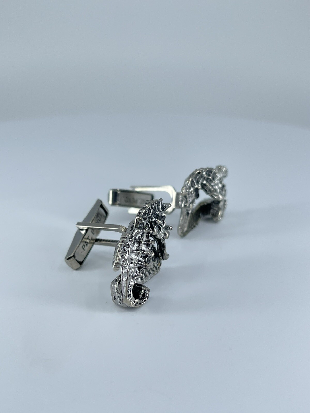 Vintage Seahorse cufflinks silver tone with black enamel accents 1-1/8″