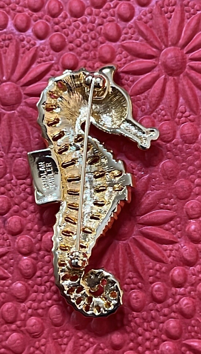 Nolan Miller Goldtone Seahorse Brooch Clear Round And Emerald Cut Rhinestones