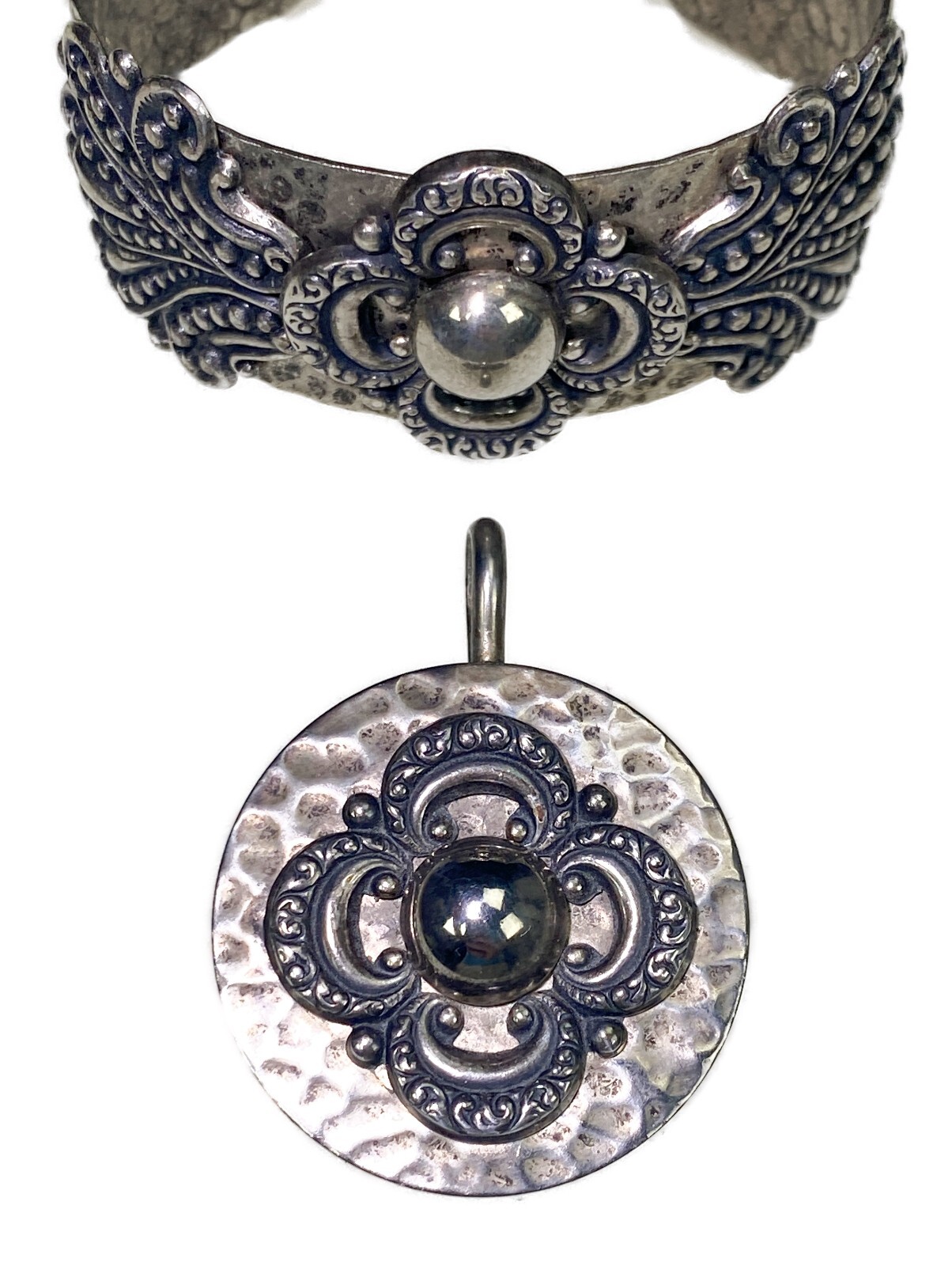 Cuff Bracelet Matching Pendant Drop Hammered Metal Silvertone Costume Jewelry
