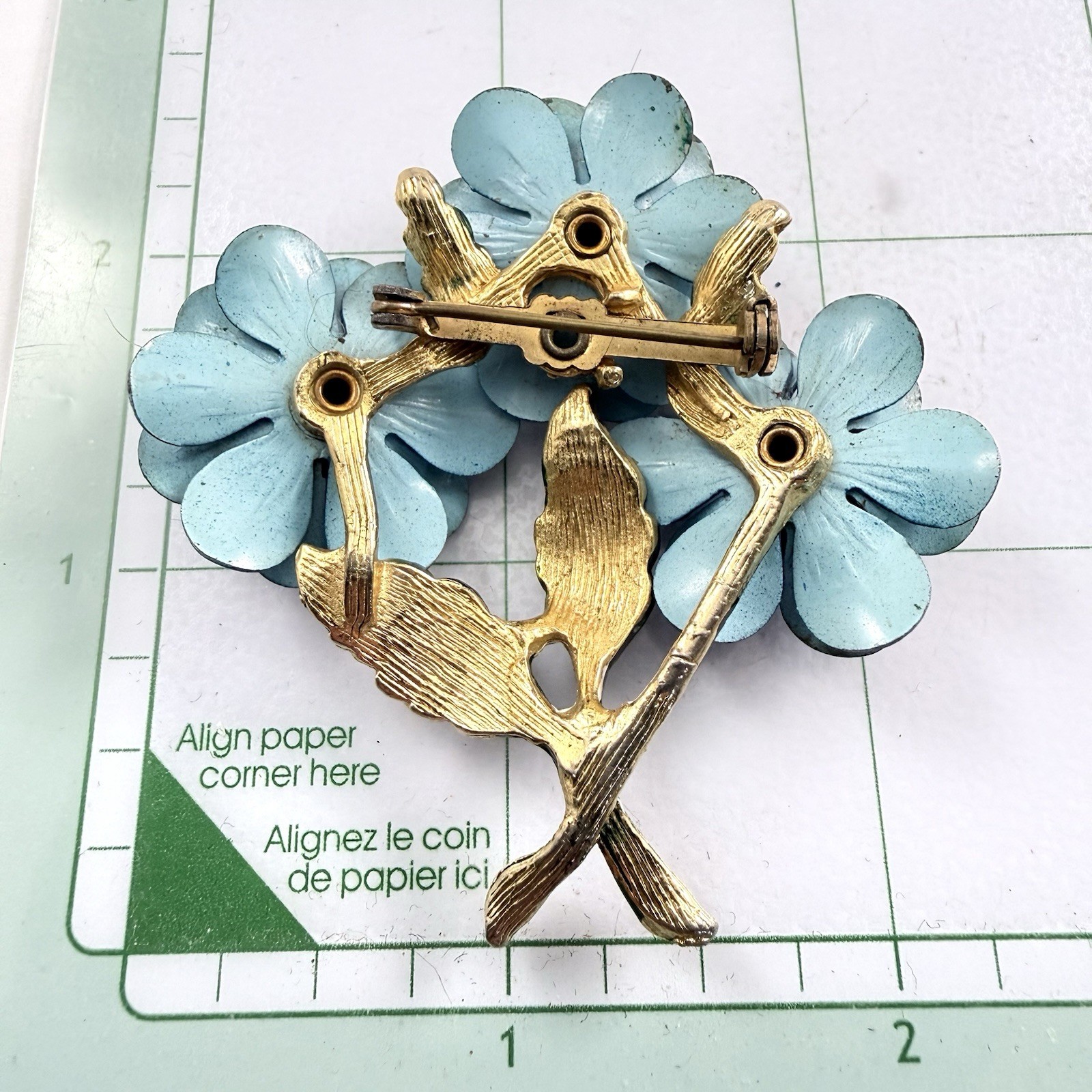Vintage Blue Rhinestone Enameled Flower Brooch Estate Pin