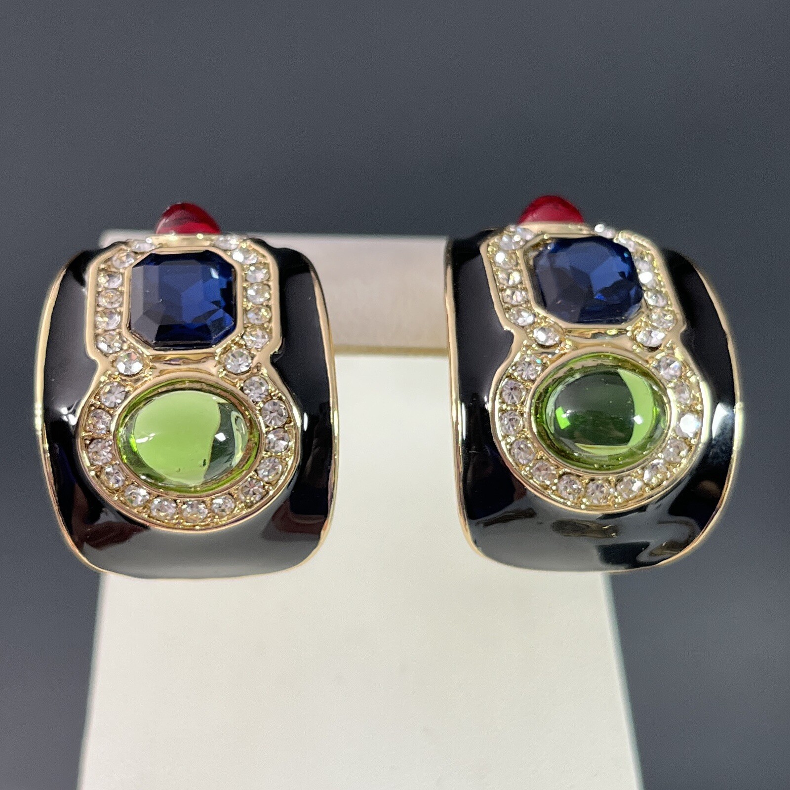 Gripoix Glass Cabochon Earrings Gold Tone Multicolor Half Hoop Huggie Pierced