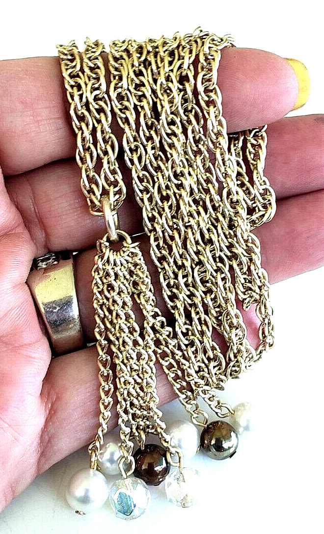 Vintage Bead Tassel Pendant Gold Tone Aluminum Necklace 41″ Clasp Less