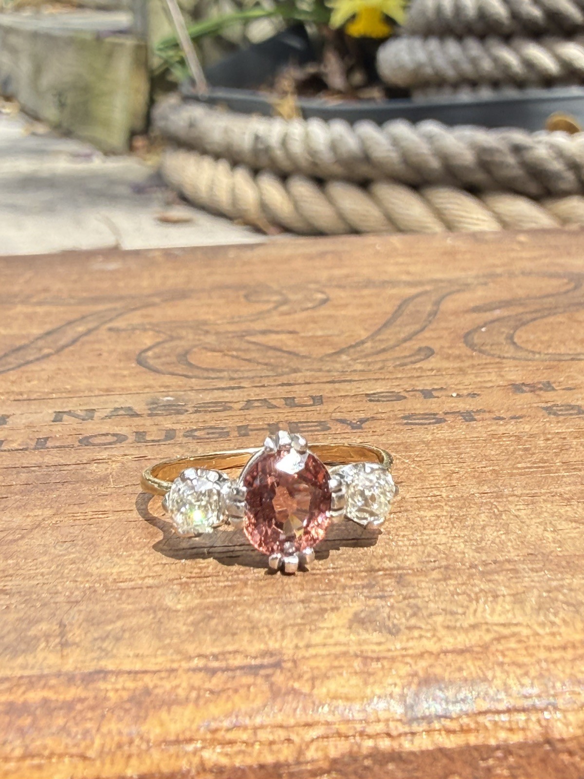 Victorian Trilogy Ring in 18KYellow & White Gold, Spinel 1Ct & 2 (22.5pt) diamon