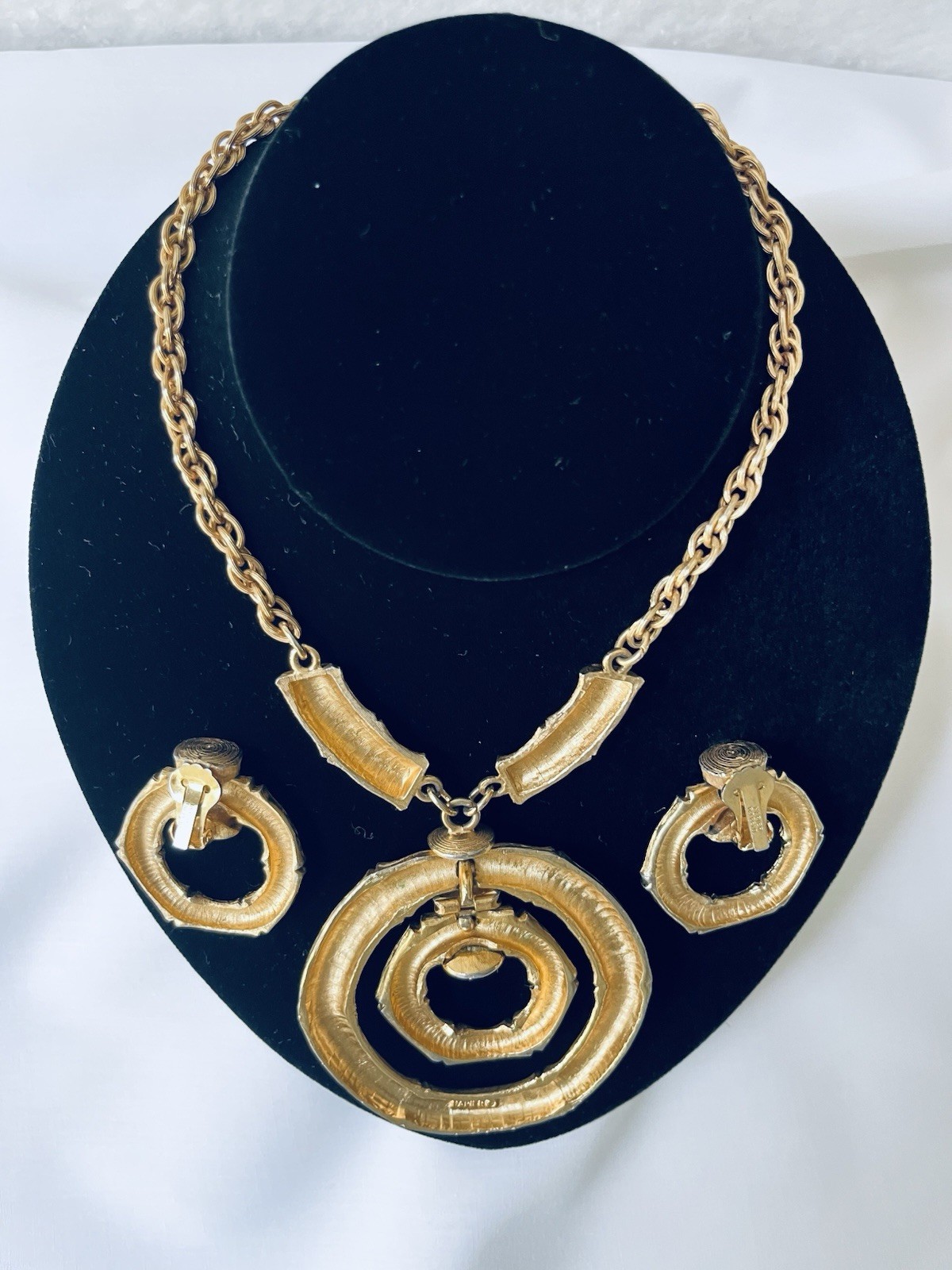 Vintage Napier Bamboo Double Hoop Door Knock Brushed Gold Necklace & Earring Set
