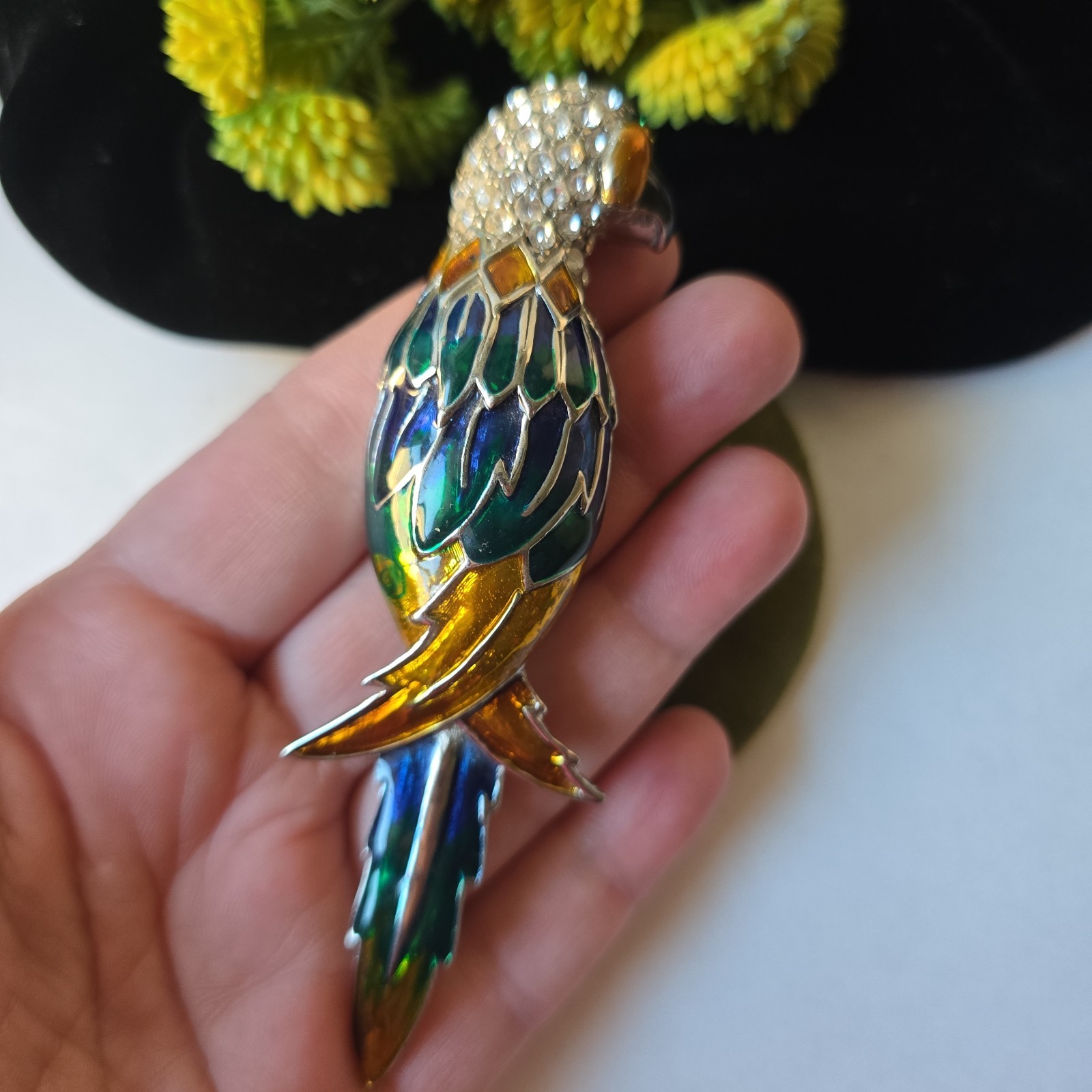 Vintage Large Enameled Glass Rhinestones Colorful Parrot Pin Brooch Retro 4.25″T