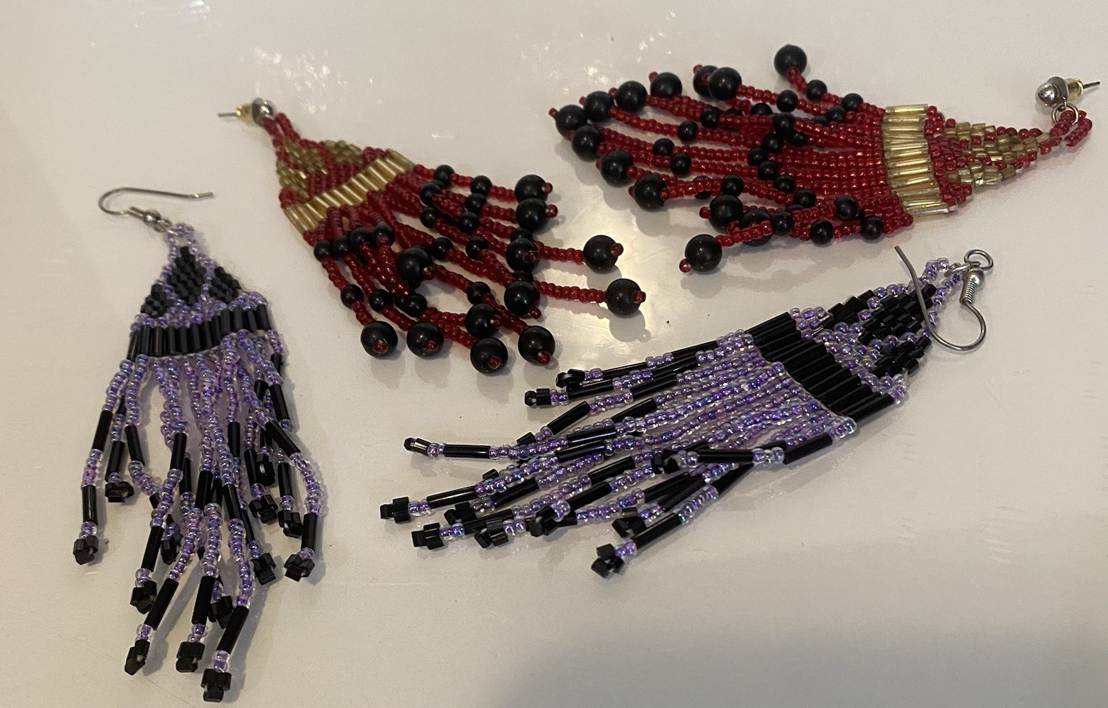 Vintage Earrings 2pr Red Purple Micro Beaded 4in Fringe Style for Pierced Ears
