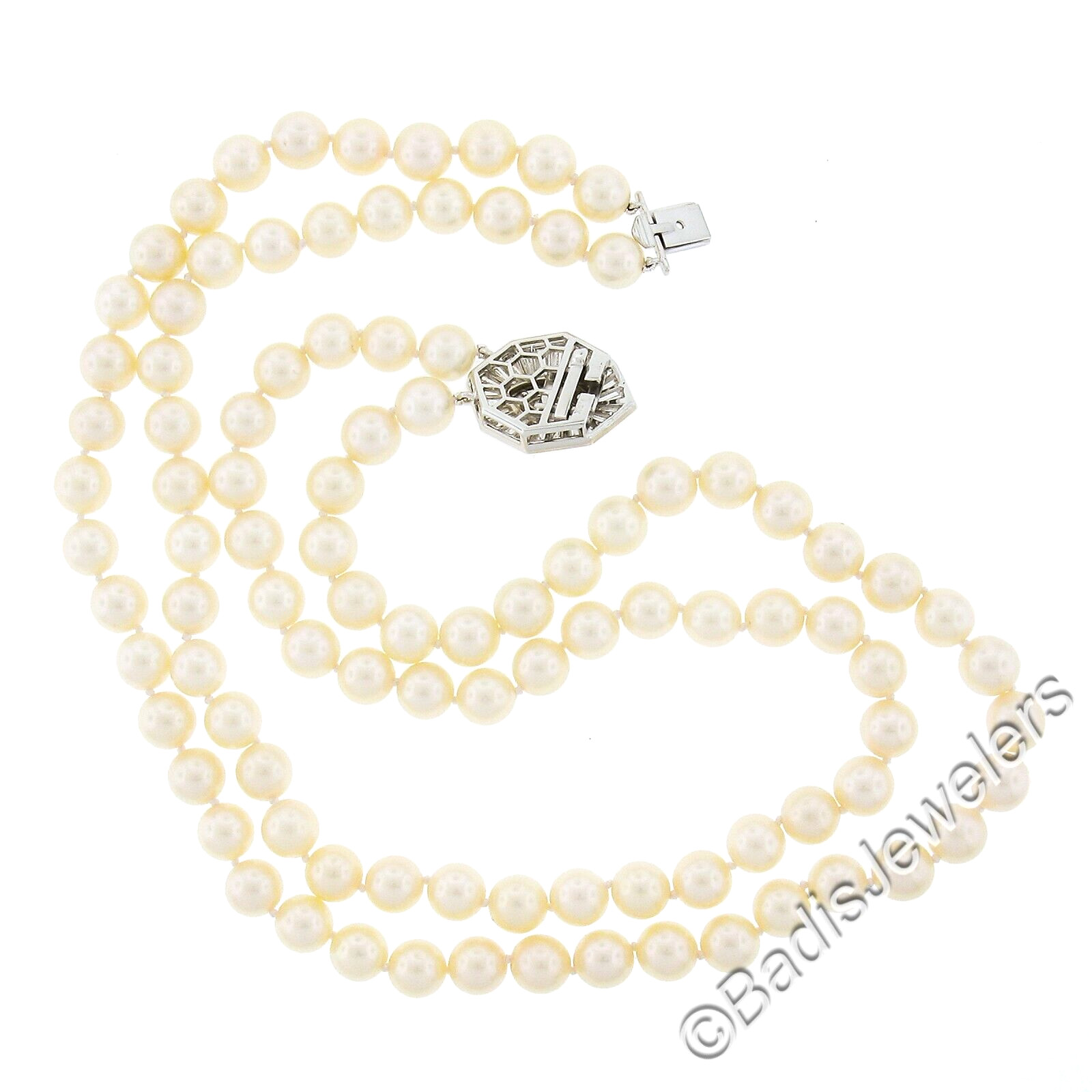 18k White Gold Dual Strand 8-8.5mm Pearl Necklace w/ GIA 3.68ctw Diamond Clasp