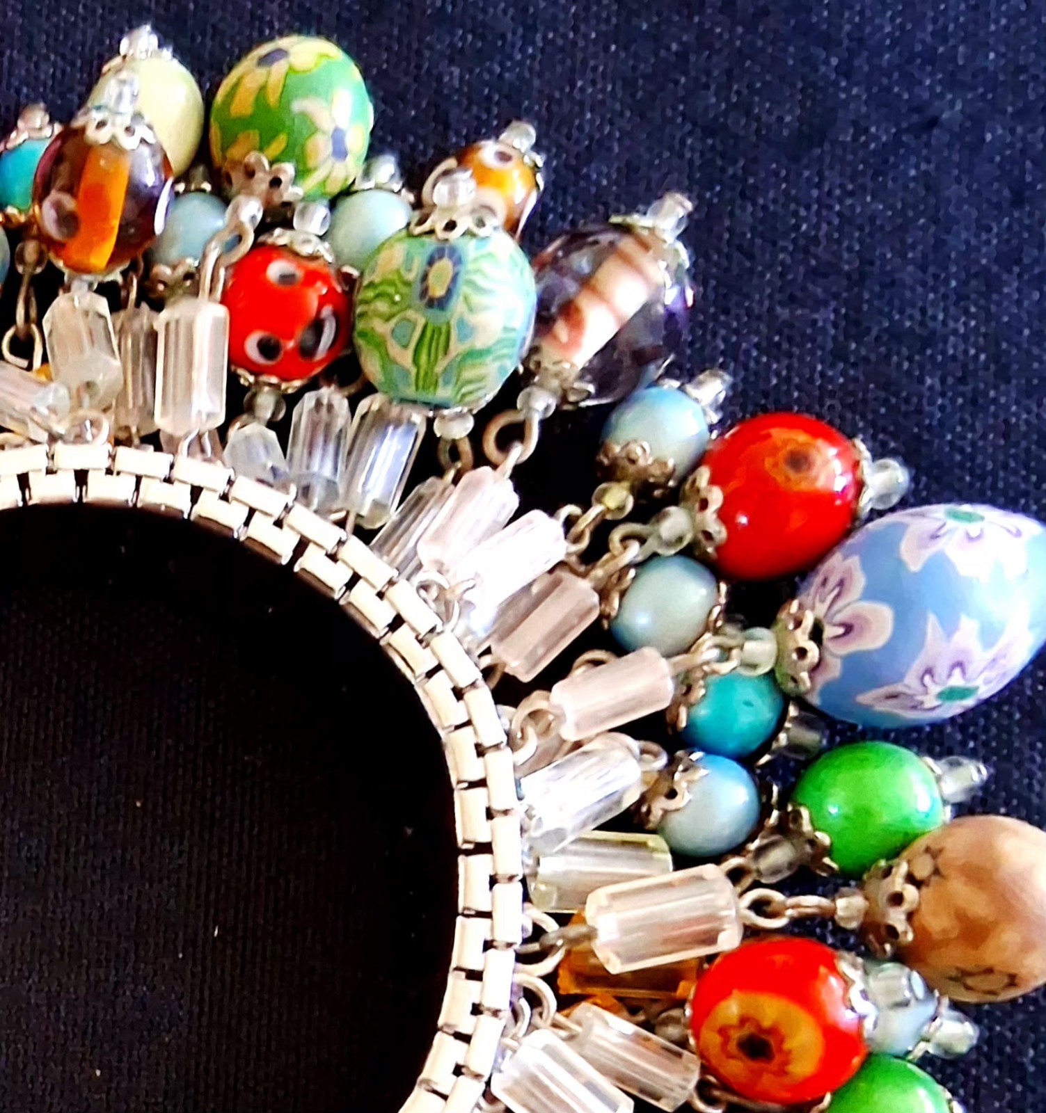 Vtg Cha-Cha Charm Bracelet Millefiori Venetian Glass Clay Crystal Beads Stretch