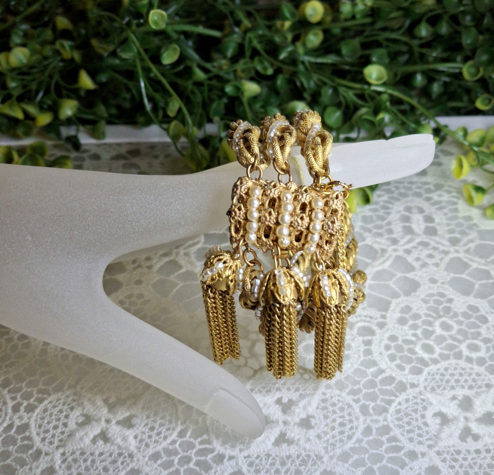 Frilly Miriam Haskell Russian Gold Chain & Seed Pearl Tassel Bracelet
