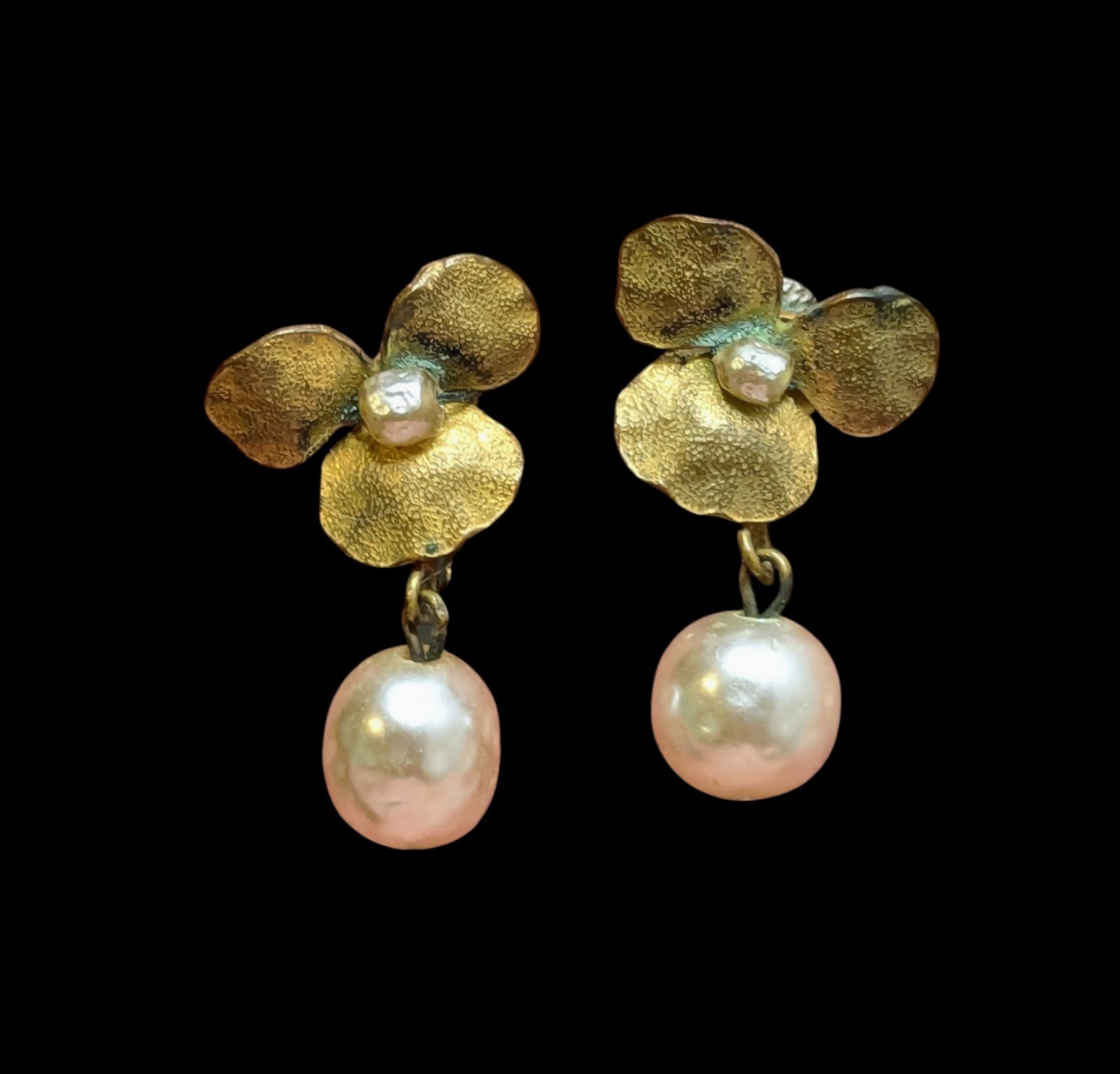 Vintage Miriam Haskell Faux Baroque Pearl Pansy Flower Clip On Earrings