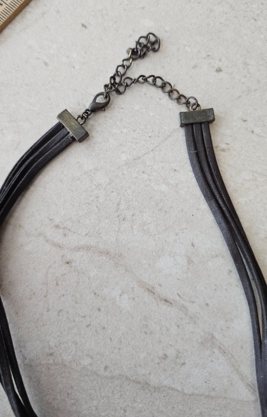 Vintage Rhinestone Filigree Bar pendant leather strand Necklace 17″