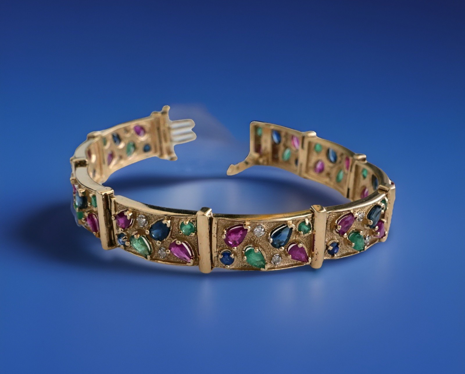 Vintage 14K Yellow Gold Ruby Emerald Sapphire Diamond Link Bracelet 7.25”
