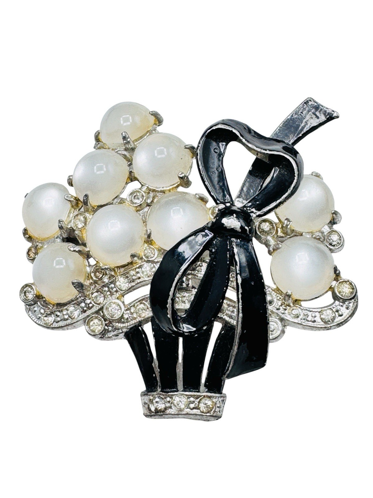 Vintage Coro? Moonglow Cabochon Basket Brooch w/Bow Rhinestones