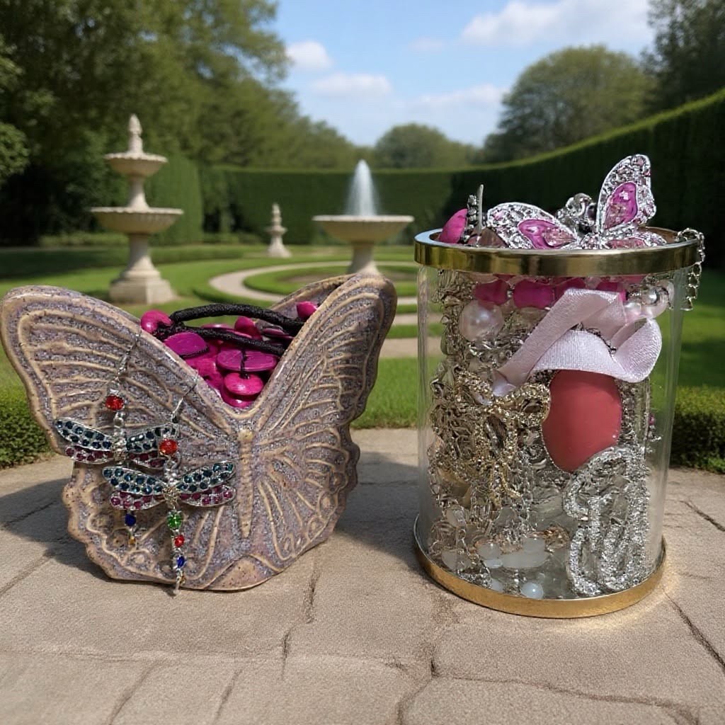 Mystery Jewelry Jar ;50 Pieces In Butterfly Jar Purple Pink White Silver & Gold