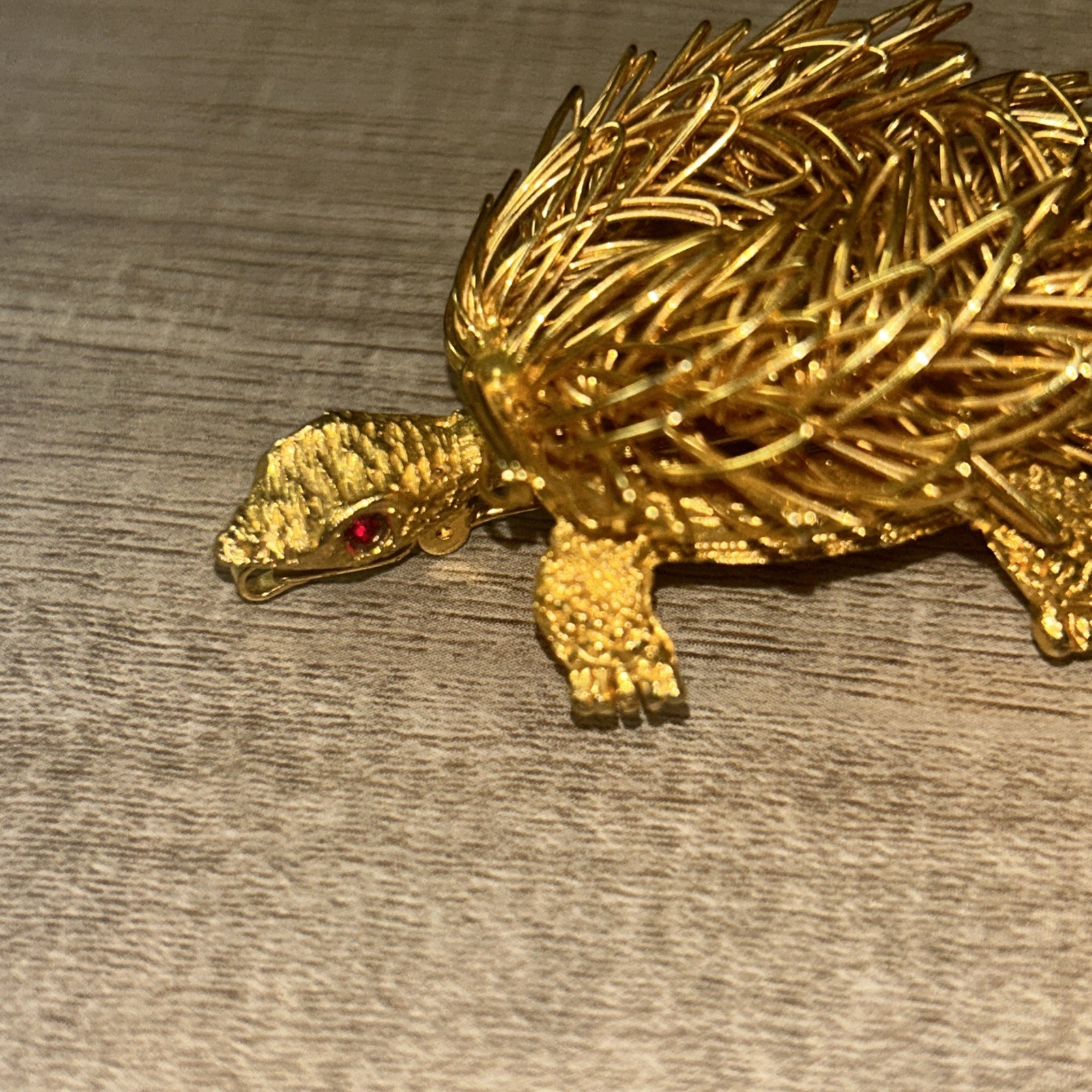 Vintage Turtle Brooch Pin Wire Work 70’s Gold Tone Red Crystal Eyes Whimsical