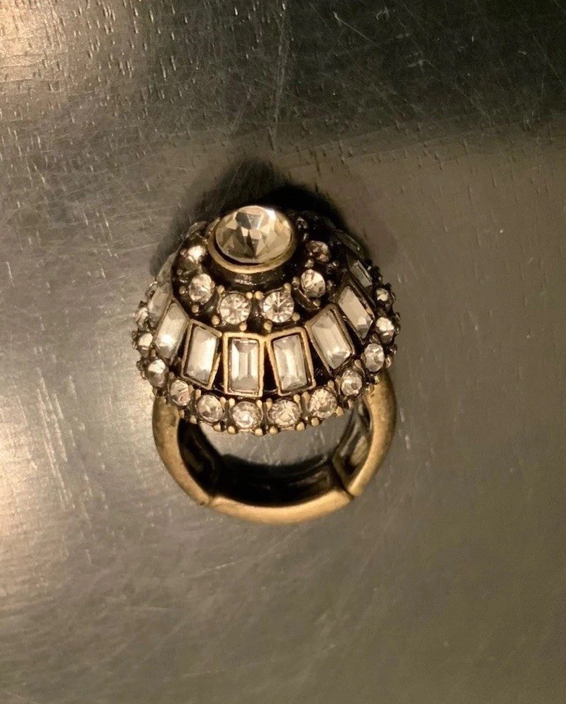 Gold Tone Rhinestone Dome Ring Stretch Tubular Band Fits Various Sizes Boho