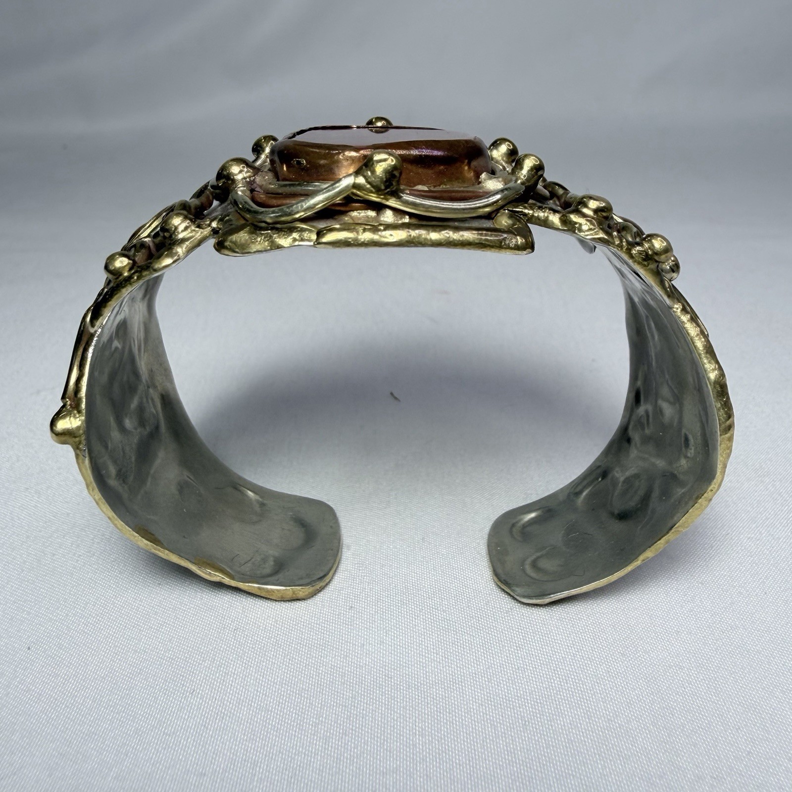 Beautiful Brutalist Mixed Metal Cuff Bracelet Brass & Copper Large Natural Stone
