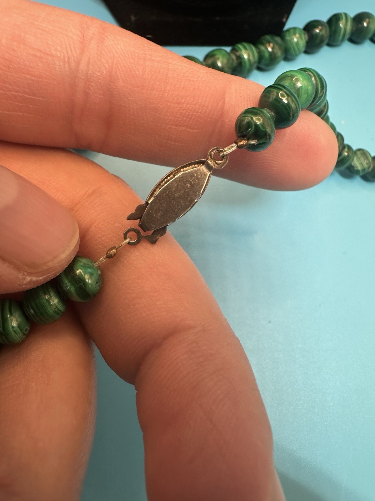 Vintage Malachite Stones Stunning Necklace 22.5” .925 Sterling Fish Hook Clasp