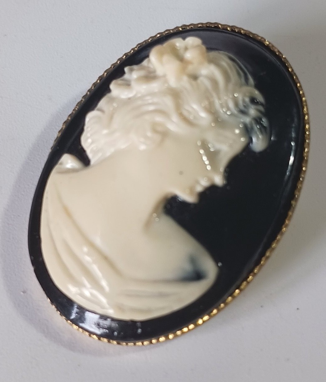 Vintage Glossy Black & White Cameo Portrait Brooch w Gold-tone Frame & C-clasp