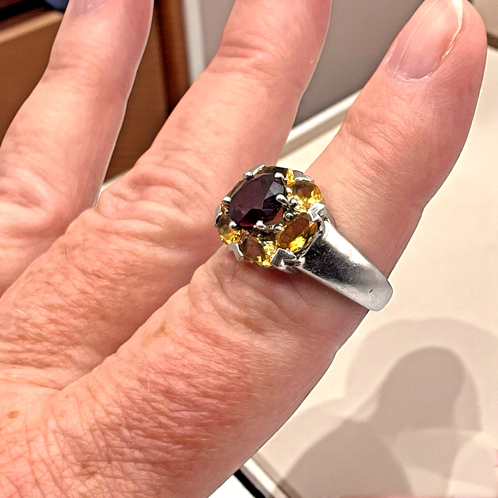Estate Red & Yellow CZ Cluster 925 Sterling Silver Cocktail Ring, size 7
