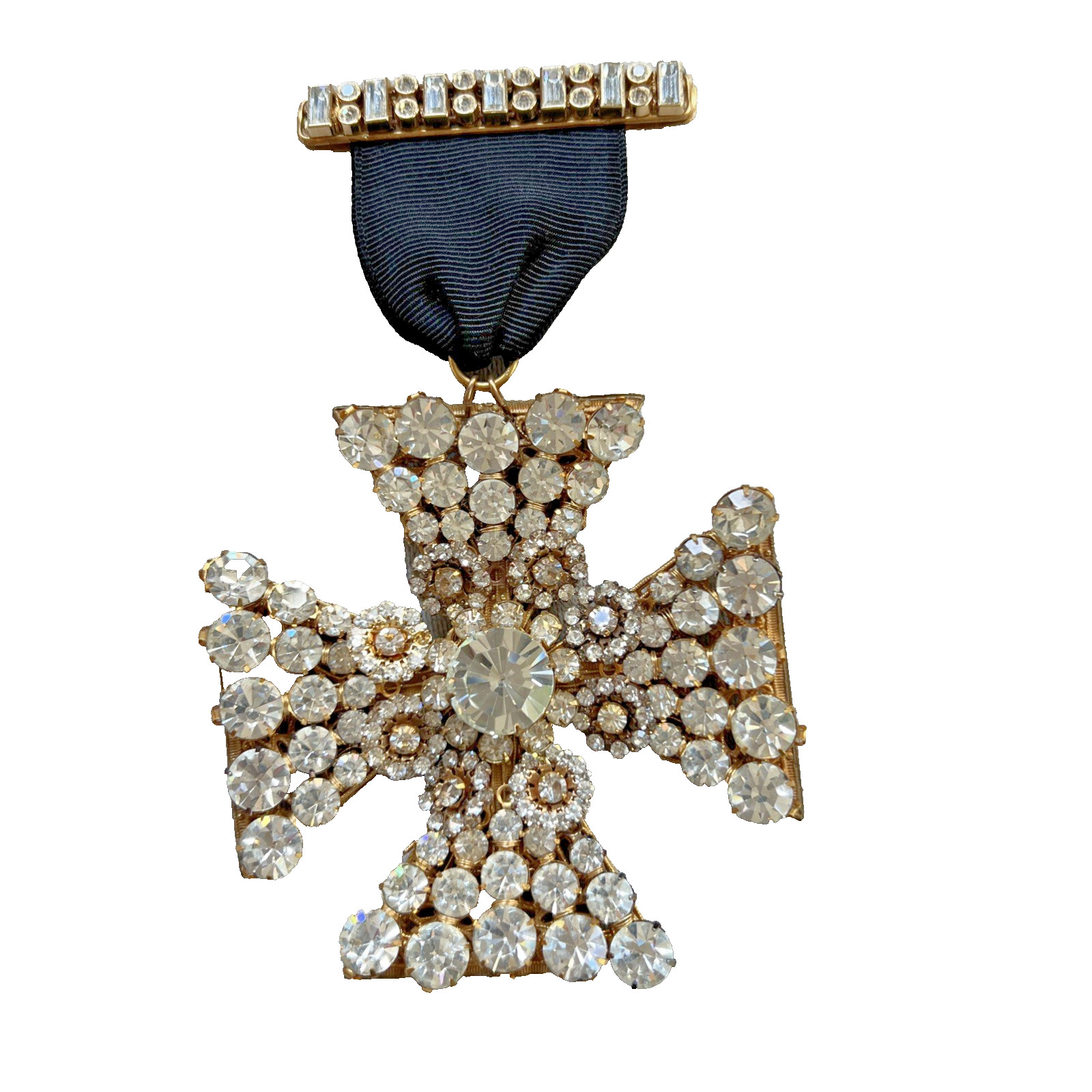 VTG. SIGNED MIRIAM HASKELL RHINESTONE MALTESE CROSS on RIBBON & CROSS BAR BROOCH