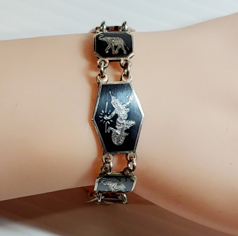 VTG Sterling Silver Siam Black Nielloware Filigree Bracelet 7in 21.4g AMFARCO