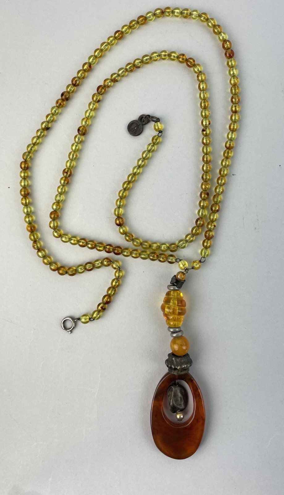 VTG. Giorgio Armani Amber Resin Metal Beaded LONG Pendant Necklace 39″