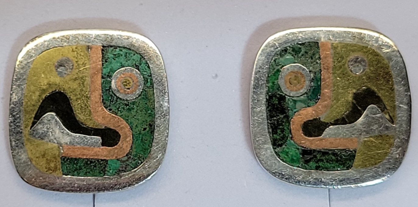 1953 LOS CASTILLO STERLING SILVER MALACHITE EARRINGS & BROOCH/PENDANT SET