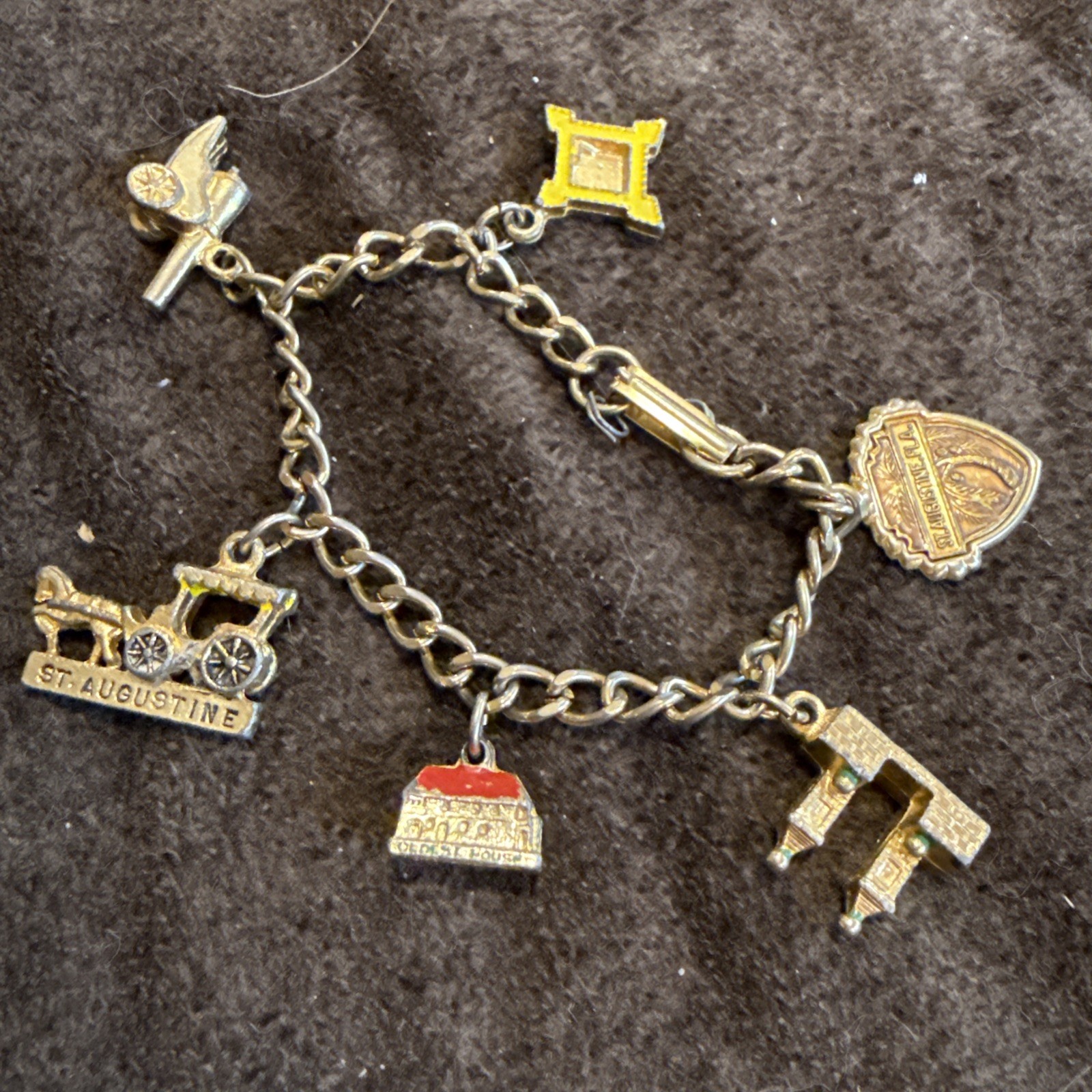 Vintage Saint Augustine Charm Bracelet Buildings Enamel Gold Tone Rope