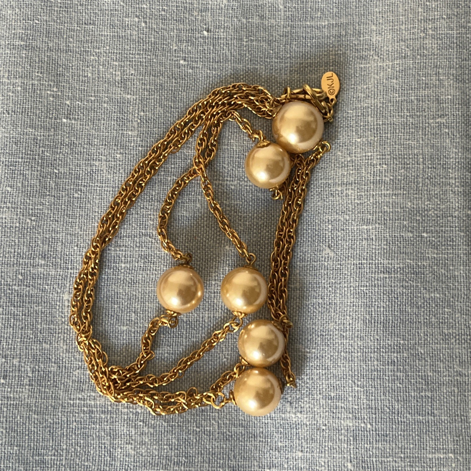 Vintage Gold Tone with Faux Pearls Station Necklace Signed KJL 80s