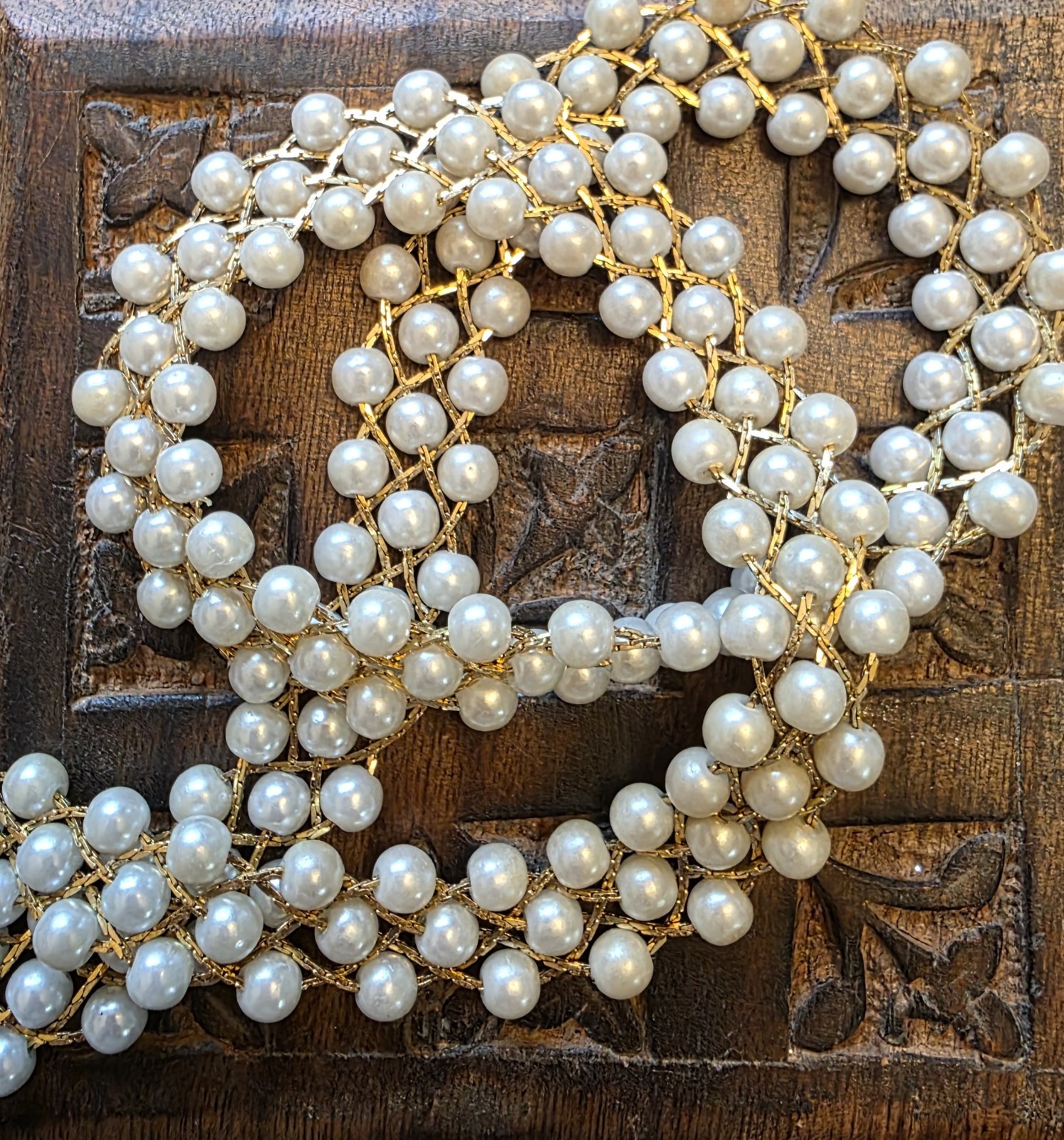 Vintage Braided Pearl and Gold Woven Necklace with J Hook Spring Clasp