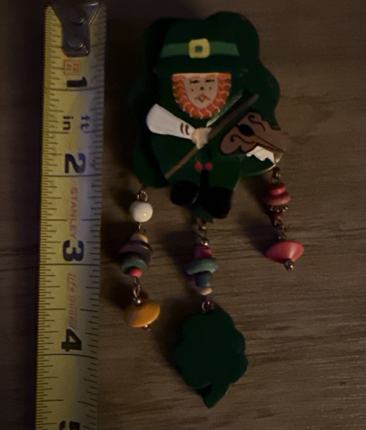 Vintage Wood St Patrick’s Day Leprechaun Shamrock Wood Bead Charms Brooch