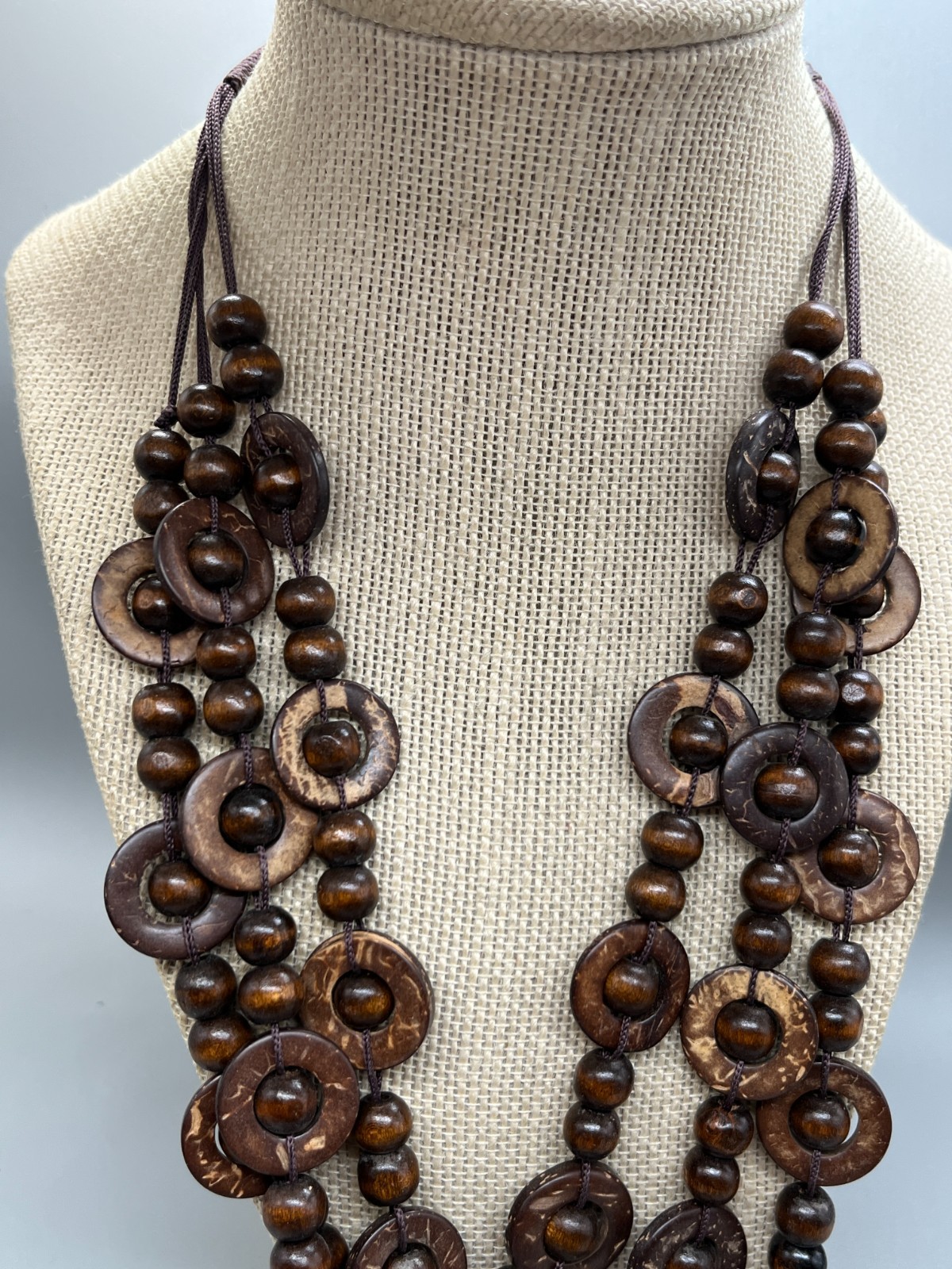 Bohemian Boho Wooden Flat Circle Link with Bead 3 Strand Necklace