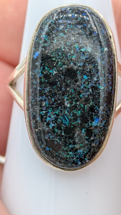 Vintage Sterling Silver Ring Blue Green Composite Opal Look Statement Size 9.5